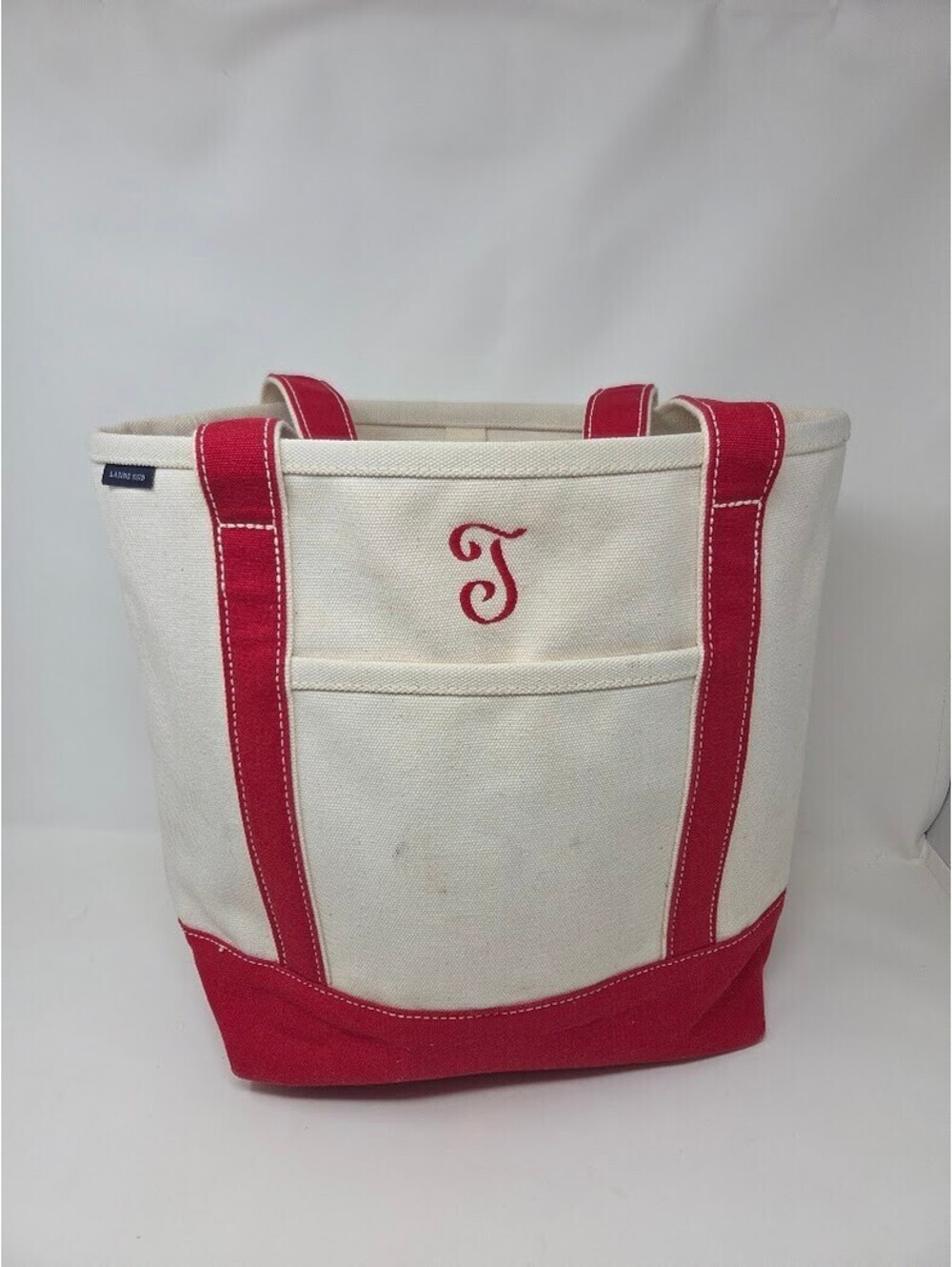 Lands End Canvas Boat Tote Bag Red Natural Monogram Front Pocket Large